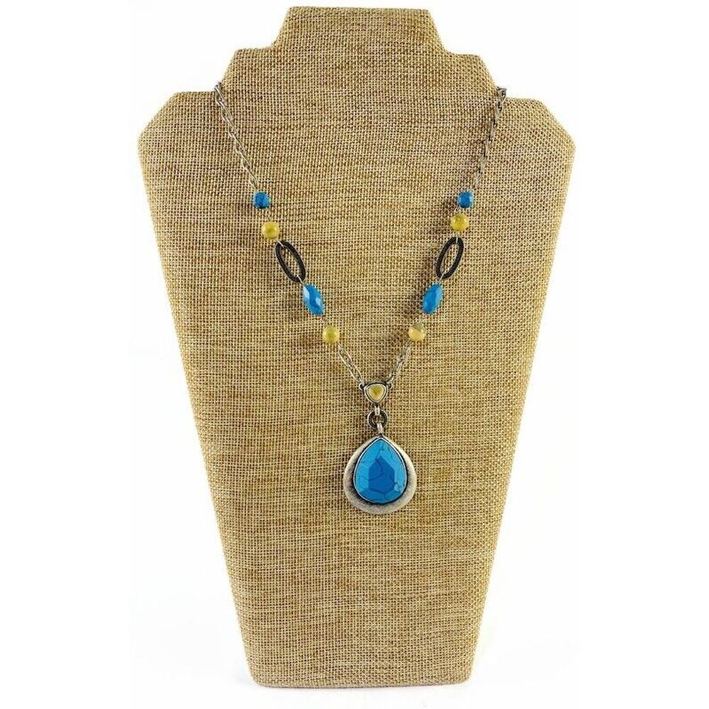 Lia Sophia Turquoise Teardrop Pendant Necklace Silver Tone Adjustable 9.5" Chain